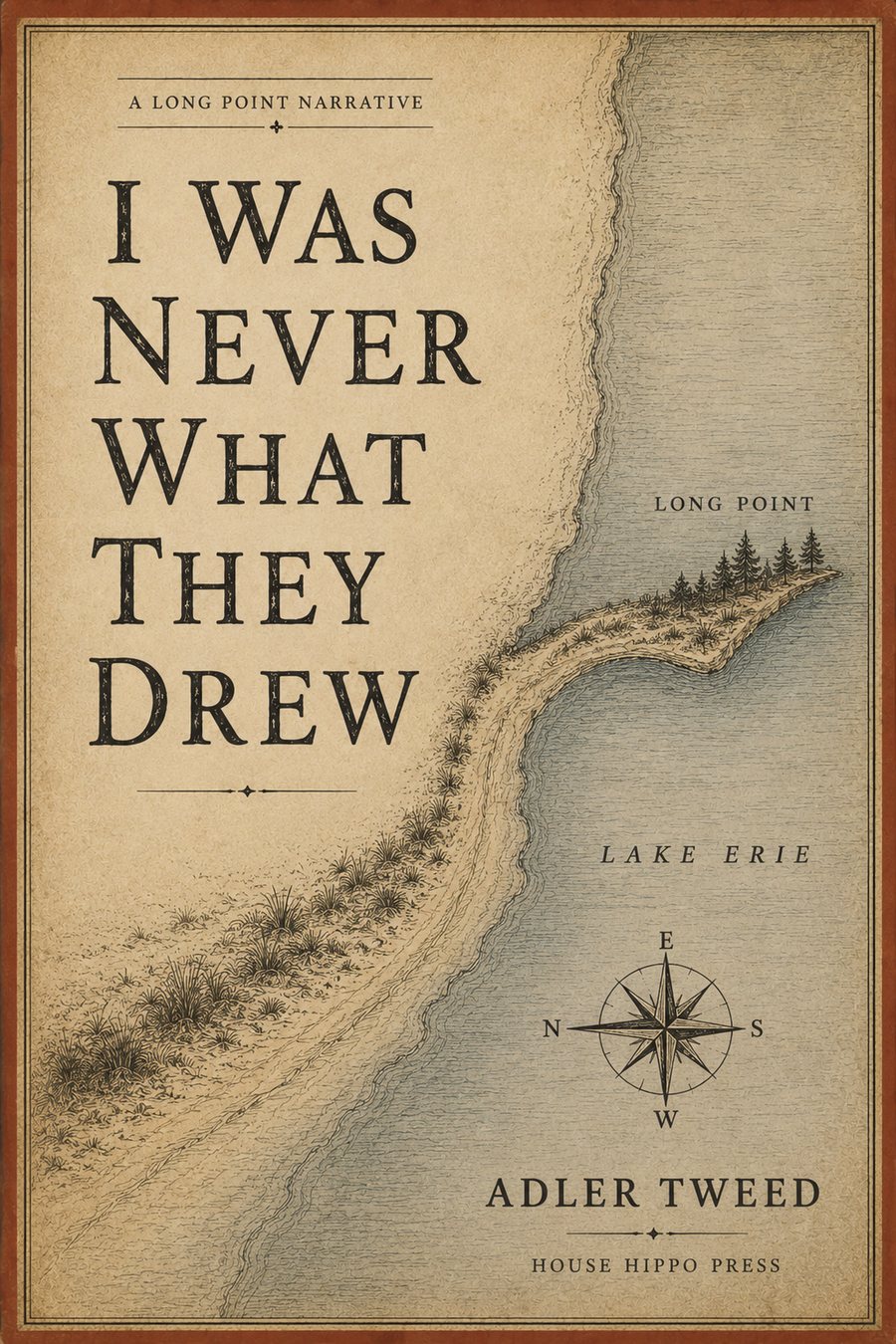 Book cover for I Was Never What They Drew by Adler Tweed, showing Long Point as a shifting Lake Erie sandbar with chart markings and storm clouds.