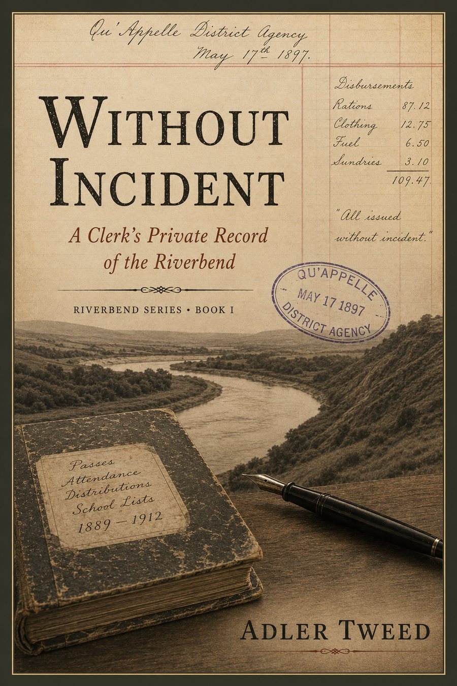 Book cover for Without Incident by Adler Tweed, showing an aged ledger page, agency stamp, river valley, record book, and pen nib.